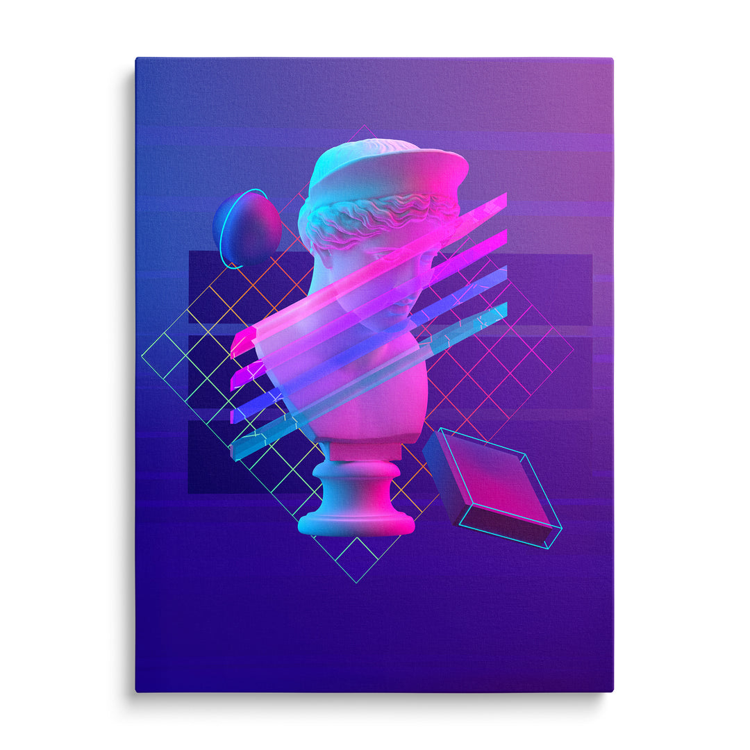 Antická busta s neonovými řezy v modrofialové geometrické koláži