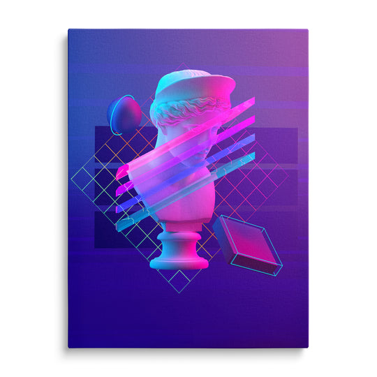 Antická busta s neonovými řezy v modrofialové geometrické koláži