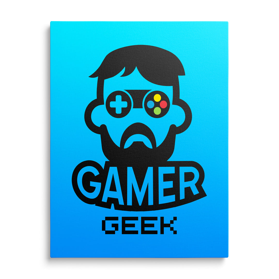 Černá silueta vousatého hráče s nápisem Gamer Geek na modrém pozadí