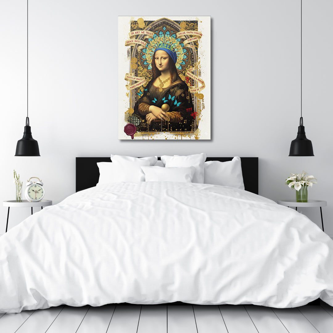 Pop art obraz Mona Lisa nad postelí