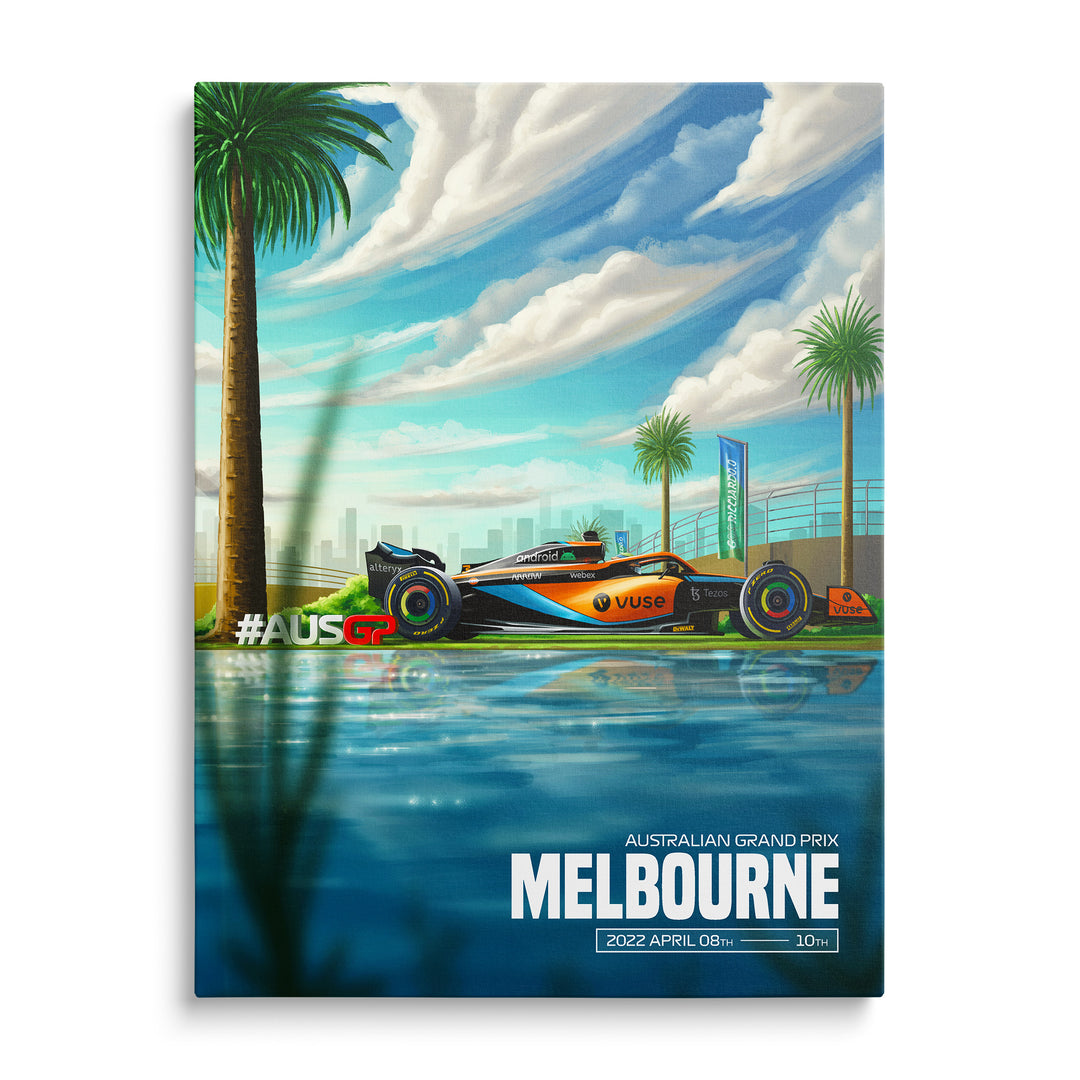 Monopost Formule 1 v Melbourne u vodní hladiny s palmami