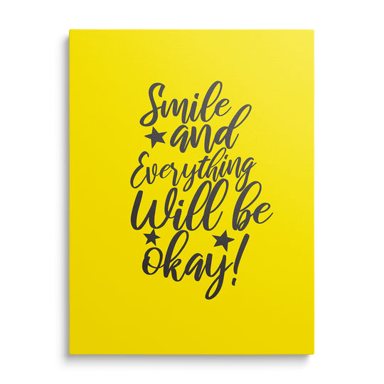 Tmavý rukopisný nápis Smile and Everything Will Be Okay na žlutém pozadí