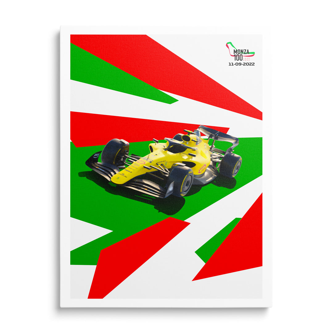 Žlutý monopost na grafickém obraze Monza 100 v italských barvách
