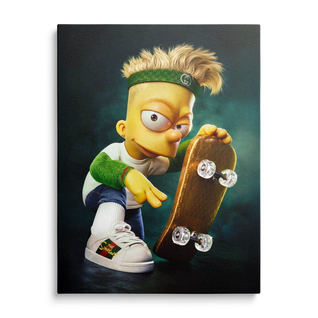 Bart Simpson se zelenou čelenkou a skateboardem na tmavém pozadí