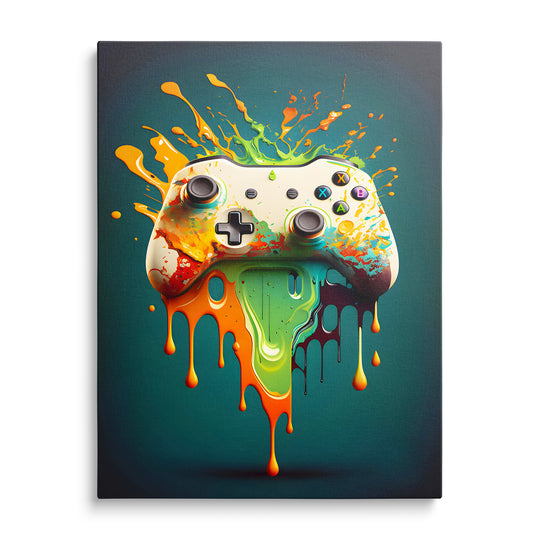 Bílý gamepad rozpíjející se do zelených, oranžových a žlutých barev
