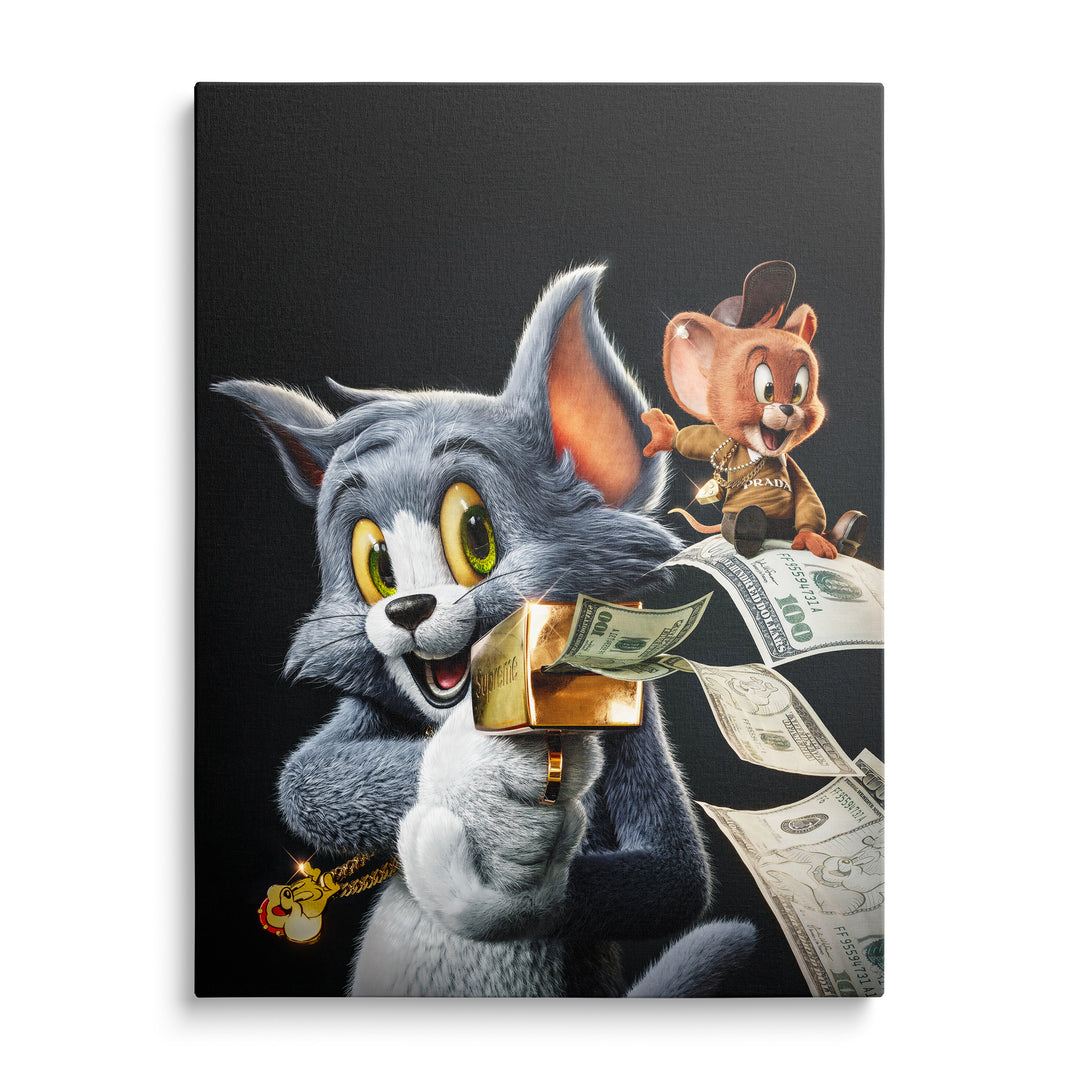 Tom se zlatou krabicí a bankovkami, Jerry stojící na jeho dlani