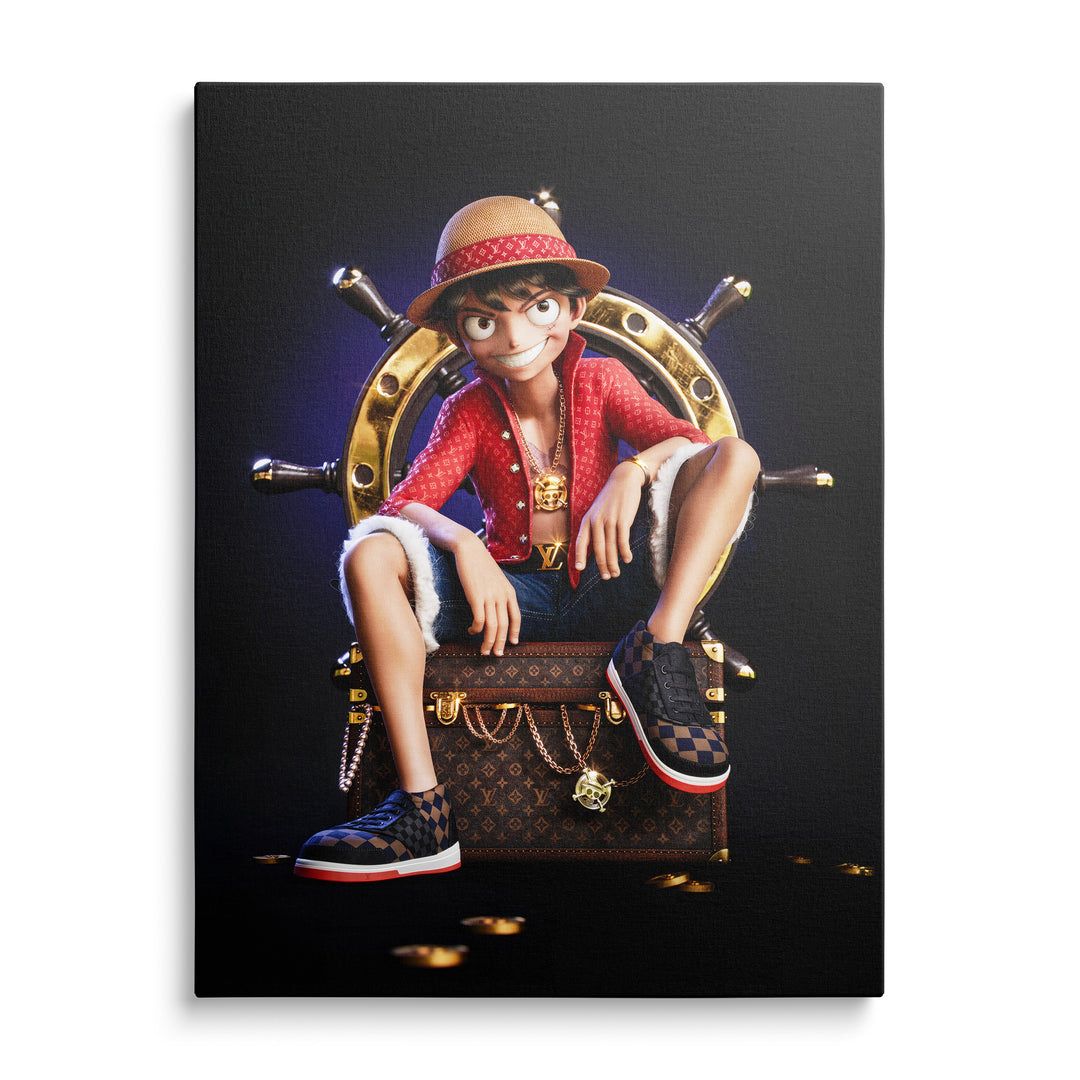Luffy z One Piece v červené košili sedící na kufru před kormidlem