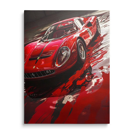 Červené klasické závodní Ferrari v dynamické malířské kompozici