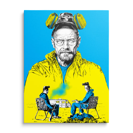 Walter White z Breaking Bad ve žlutém obleku na modrém pozadí