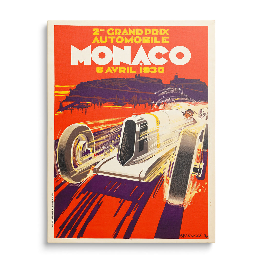 Retro závodní plakát Monaco Grand Prix 1930 s vozem v pohybu