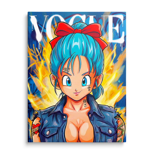 Bulma s tyrkysovými vlasy na barevné obálce s nápisem Vogue