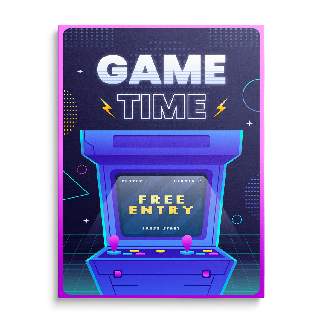 Retro arkádový automat pod nápisem Game Time v modrorůžové grafice
