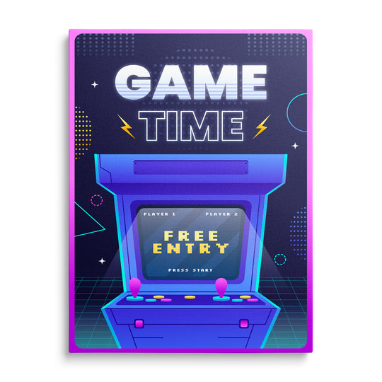 Retro arkádový automat pod nápisem Game Time v modrorůžové grafice