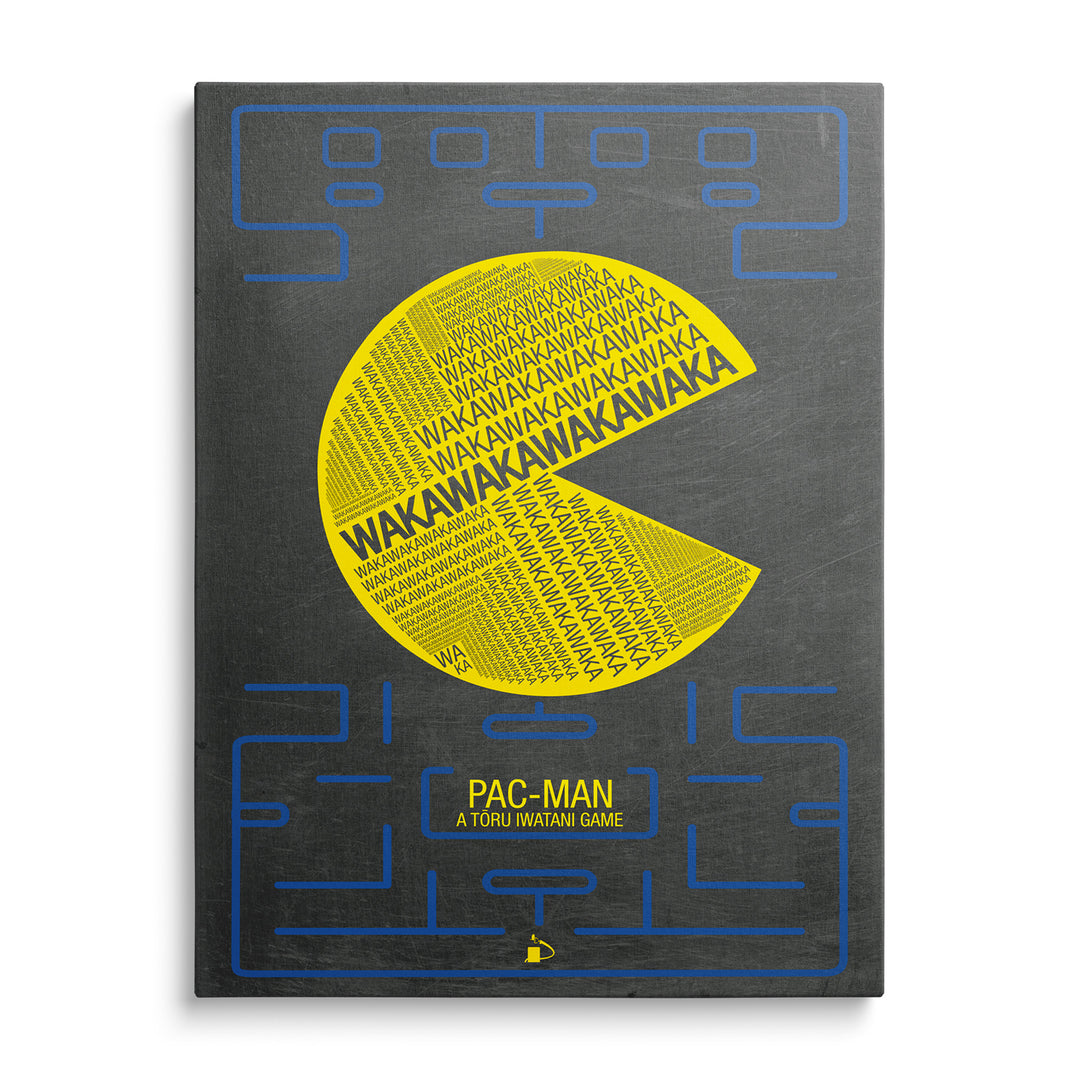Žlutý Pac-Man vytvořený ze slov Waka vedle modrého bludiště