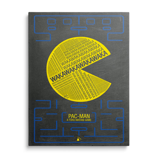 Žlutý Pac-Man vytvořený ze slov Waka vedle modrého bludiště