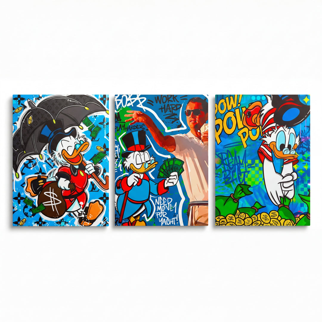 Motivační pop art obraz na plátně se Kačerem Skrblíkem, graffiti bankovkami a nápisem Work Harder