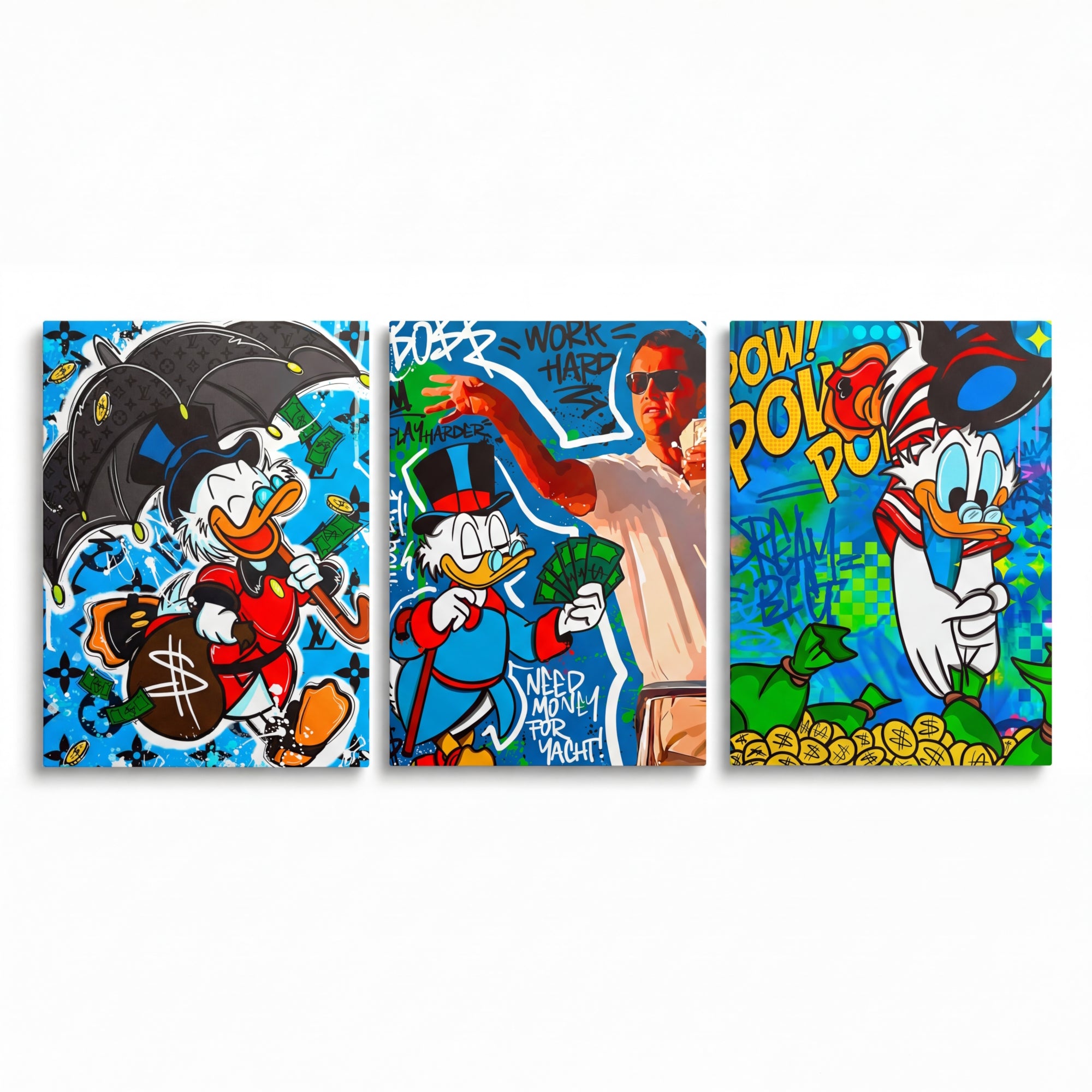 Motivační pop art obraz na plátně se Kačerem Skrblíkem, graffiti bankovkami a nápisem Work Harder