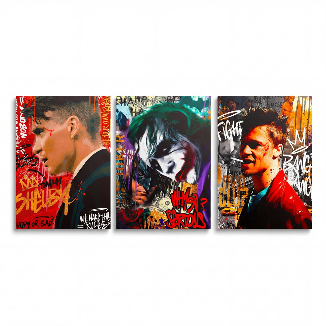 Motivační pop art obraz na plátně se třemi street art portréty mužů zepředu
