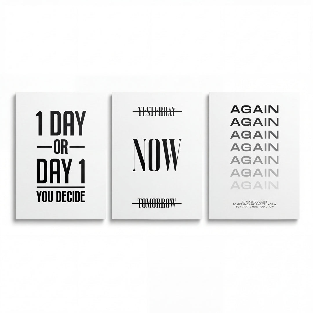 Motivační obraz na plátně, tři černobílá minimalistická plátna s nápisy „1 DAY OR DAY1“, „NOW“, „AGAIN“