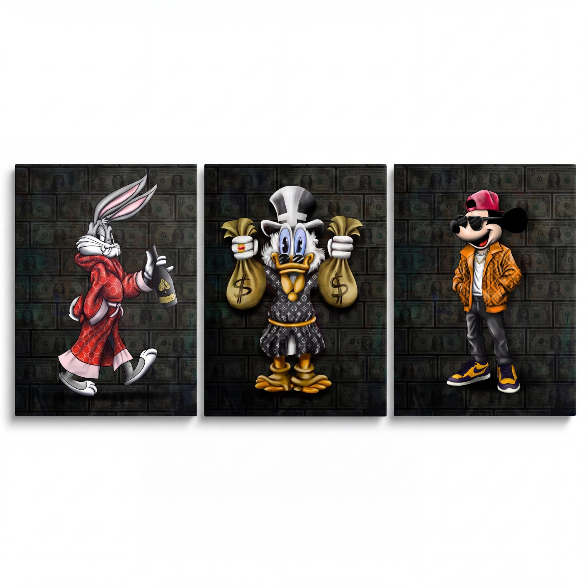 Motivační obraz na plátně: Bugs v luxusním županu, Skřivec s pytlem peněz a streetwear Mickey v pop art stylu