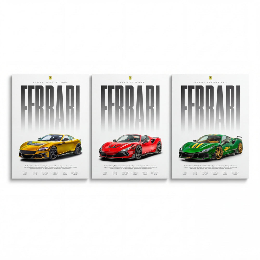 Motivační obraz na plátně se třemi sportovními vozy Ferrari zepředu na bílém pozadí