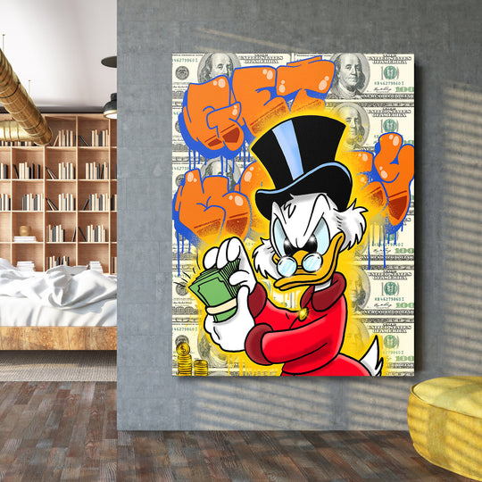 Motivační obraz Kačer Skrblík · Cash Stack – interiérový mockup v moderním prostoru.