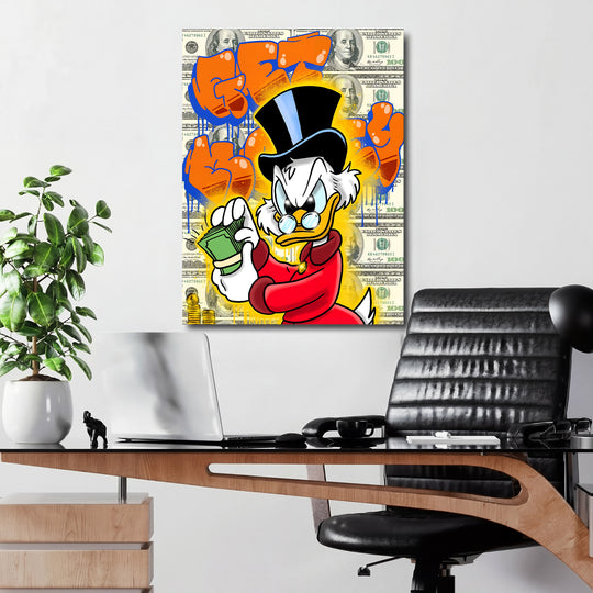 Motivační obraz Kačer Skrblík · Cash Stack – kancelářský mockup.