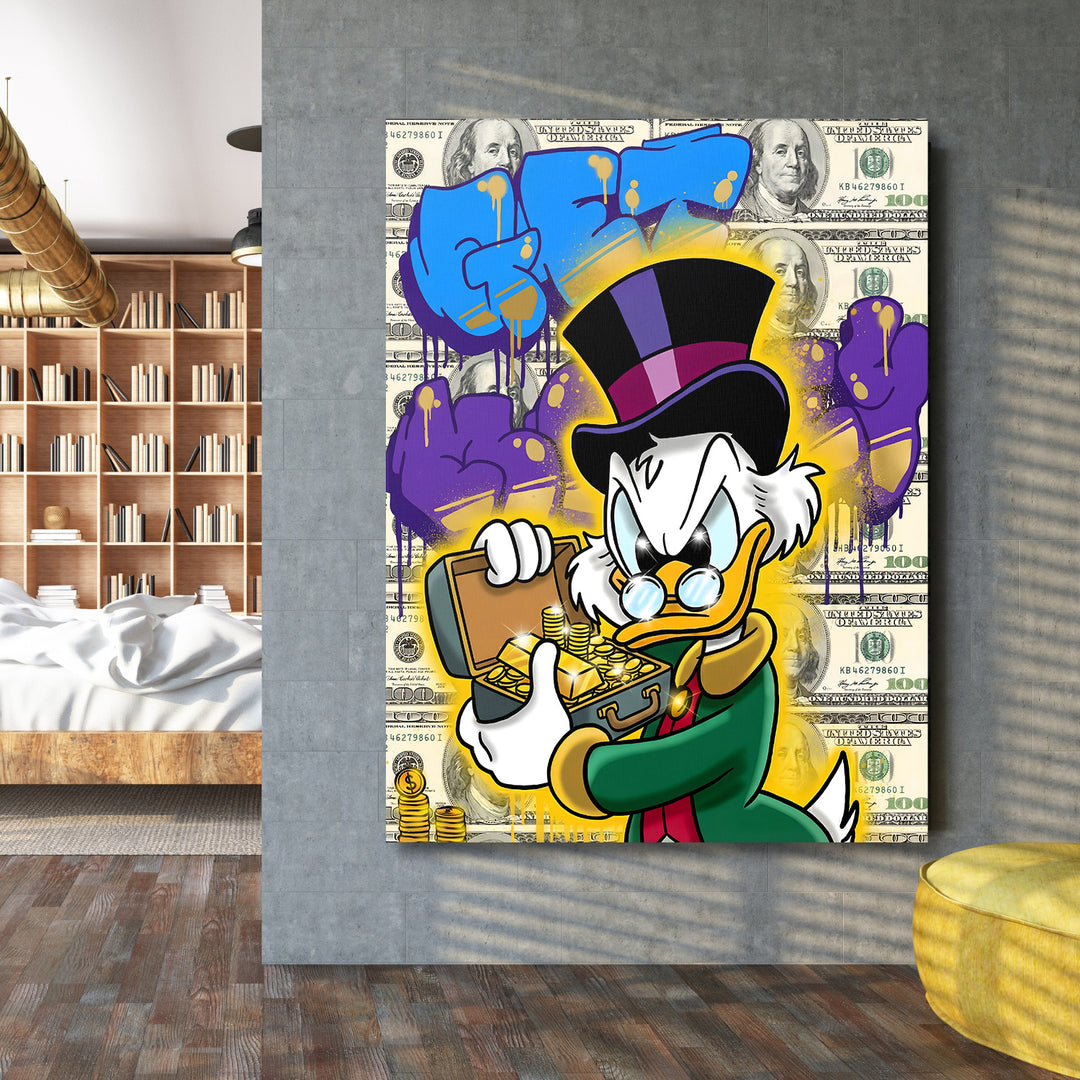 Motivační obraz Kačer Skrblík · Zlatý přípitek – interiérový mockup v moderním prostoru.