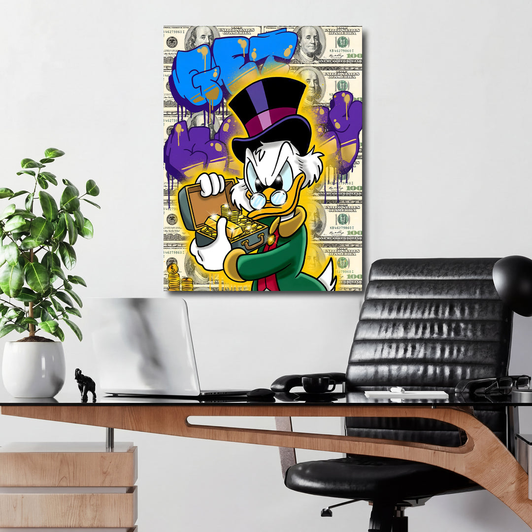 Motivační obraz Kačer Skrblík · Zlatý přípitek – kancelářský mockup.