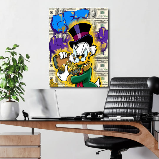 Motivační obraz Kačer Skrblík · Zlatý přípitek – kancelářský mockup.