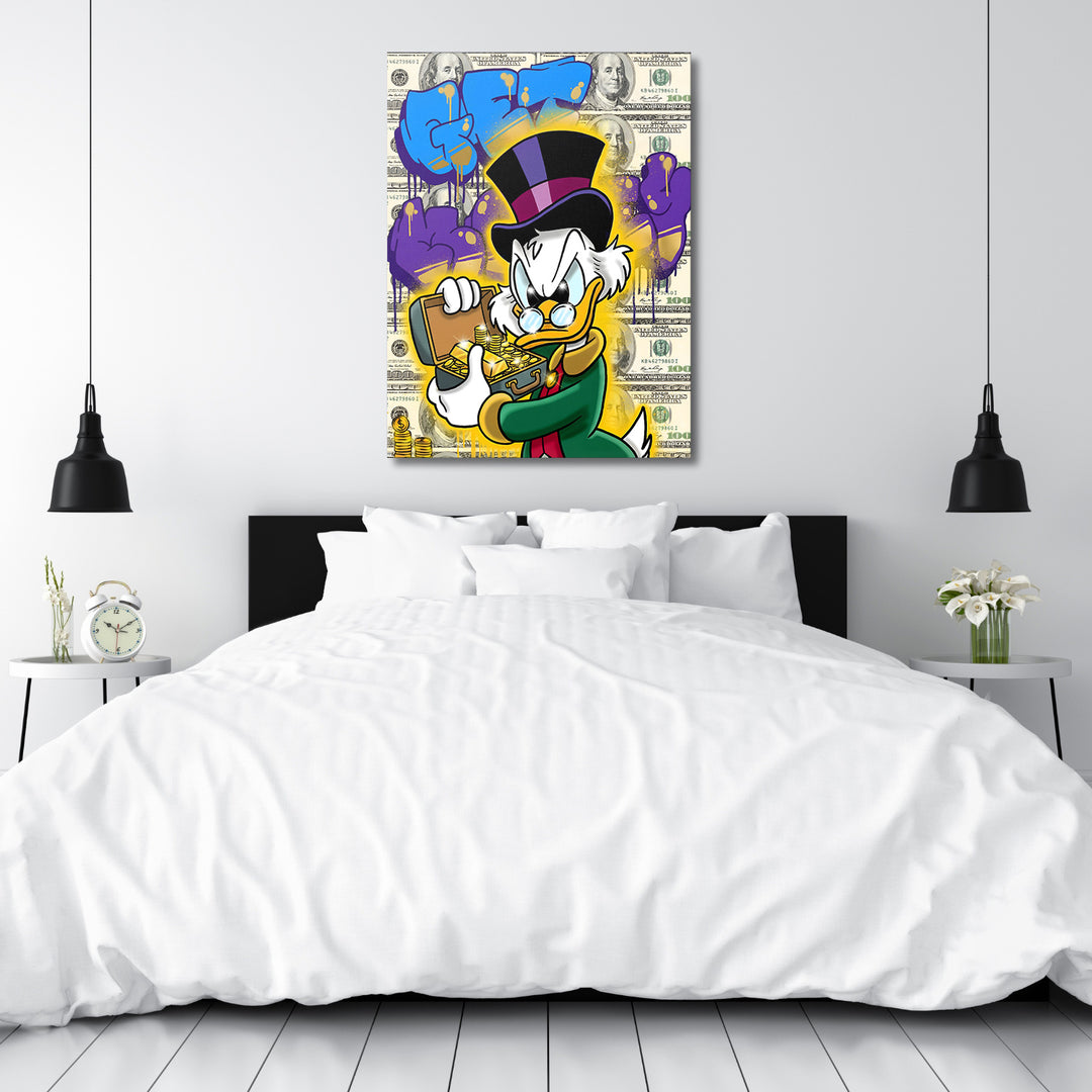 Motivační obraz Kačer Skrblík · Zlatý přípitek – mockup ložnice.