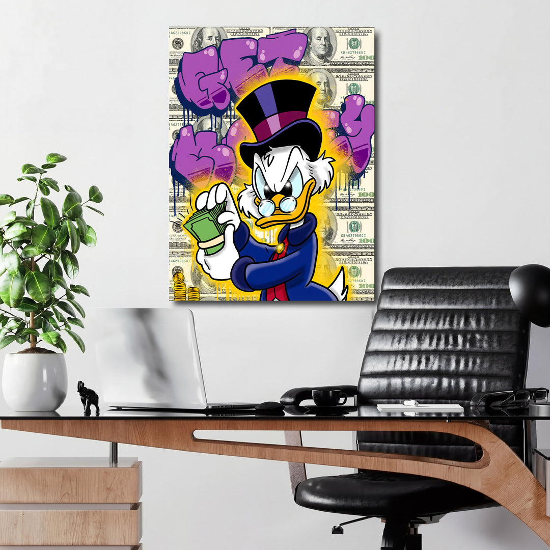 Motivační obraz Kačer Skrblík · Zelené bankovky – kancelářský mockup.