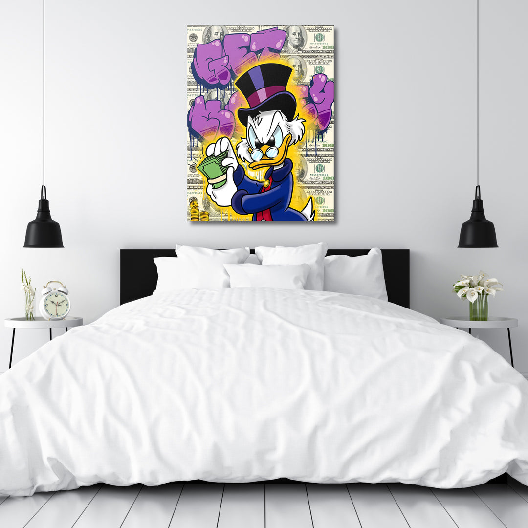 Motivační obraz Kačer Skrblík · Zelené bankovky – mockup ložnice.