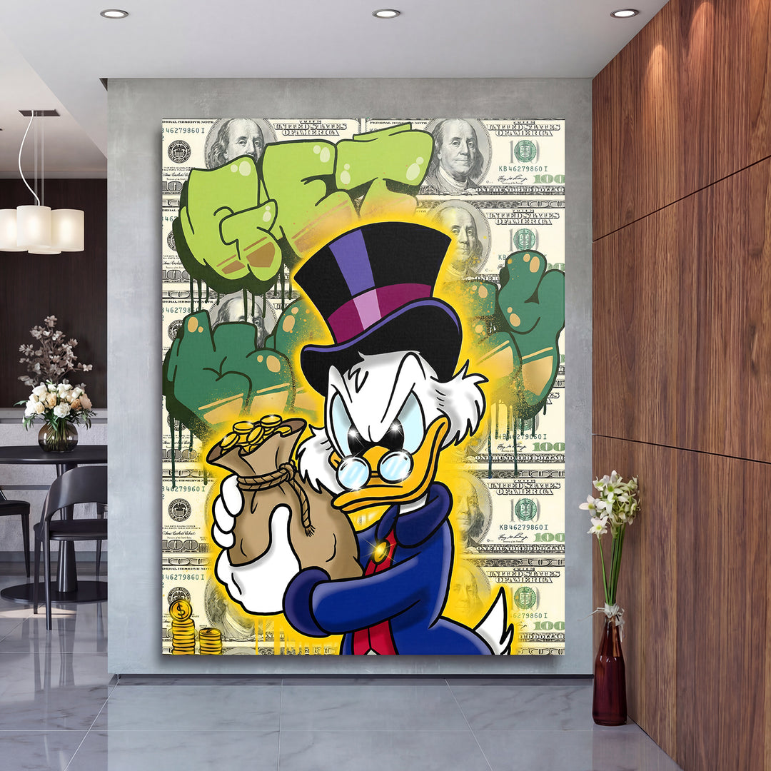 Motivační obraz Kačer Skrblík · Pytel peněz – interiérový mockup na velké stěně.