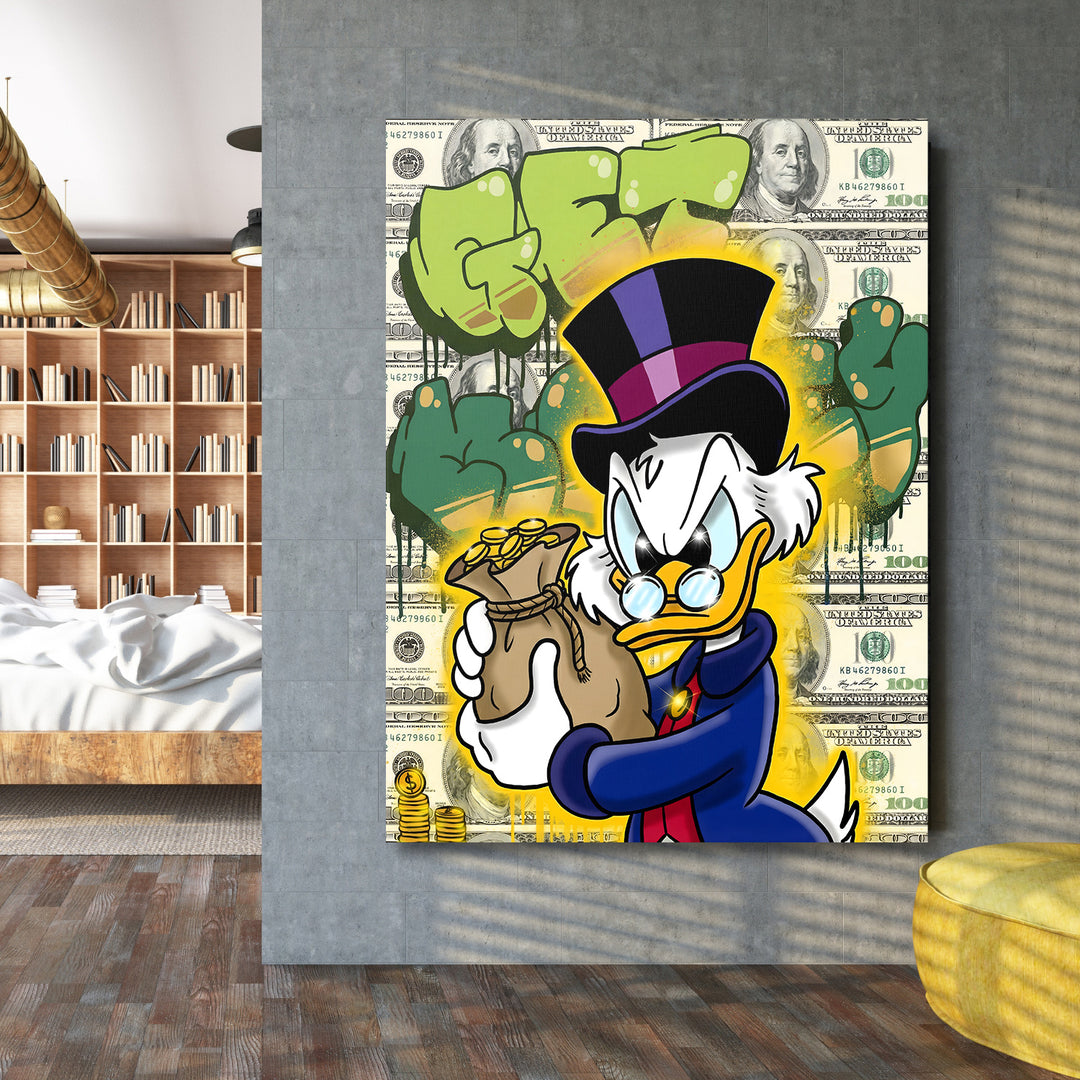 Motivační obraz Kačer Skrblík · Pytel peněz – interiérový mockup v moderním prostoru.
