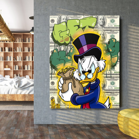 Motivační obraz Kačer Skrblík · Pytel peněz – interiérový mockup v moderním prostoru.