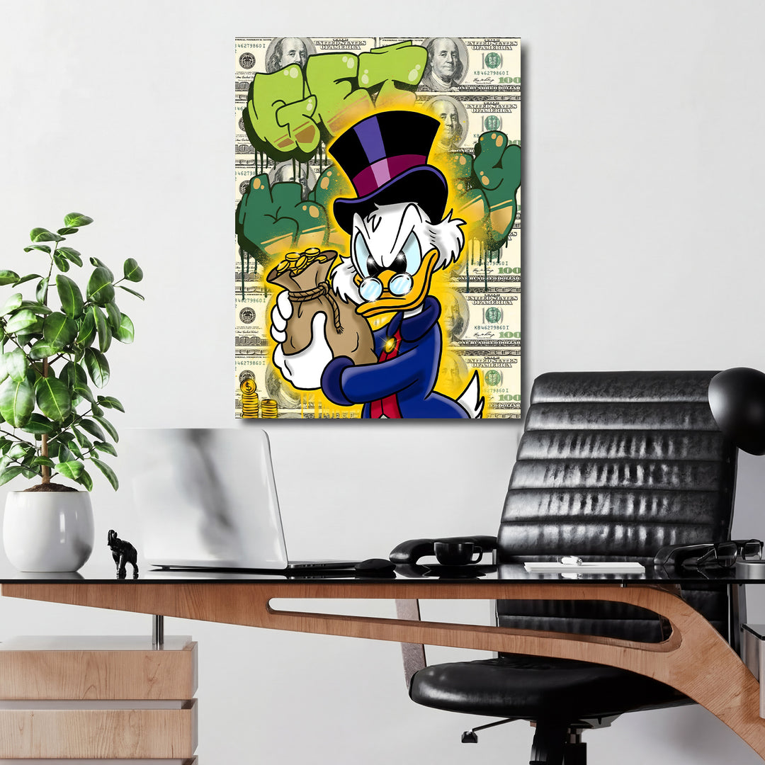 Motivační obraz Kačer Skrblík · Pytel peněz – kancelářský mockup.