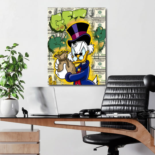 Motivační obraz Kačer Skrblík · Pytel peněz – kancelářský mockup.