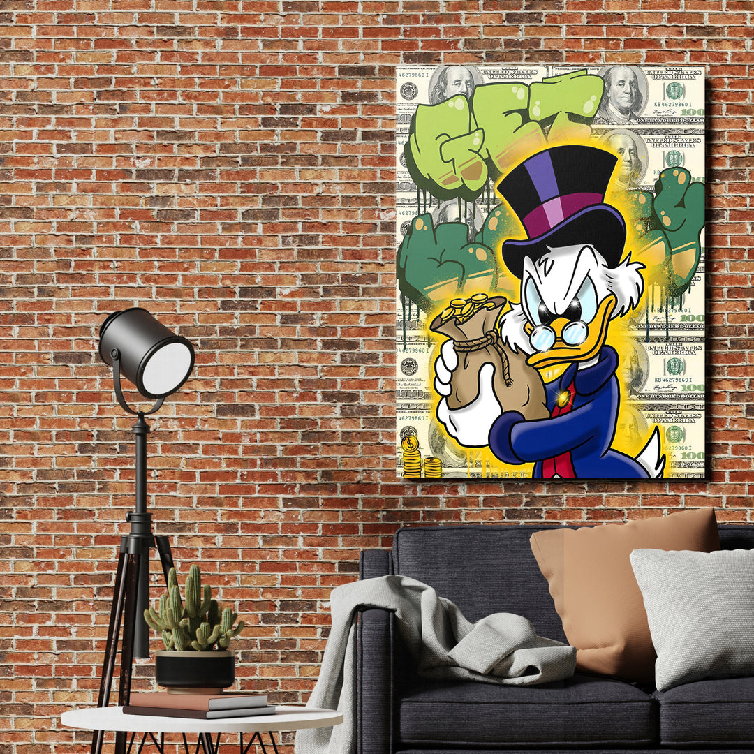 Motivační obraz Kačer Skrblík · Pytel peněz – mockup na cihlové stěně.