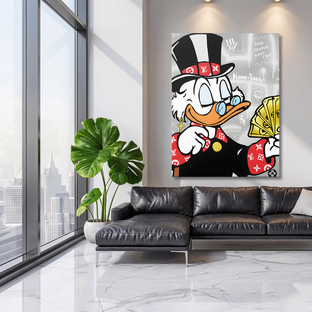 Motivační obraz Kačer Skrblík · New York LV – interiérový mockup na velké stěně.
