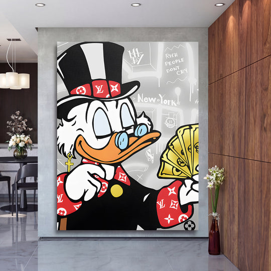 Motivační obraz Kačer Skrblík · New York LV – interiérový mockup na velké stěně.