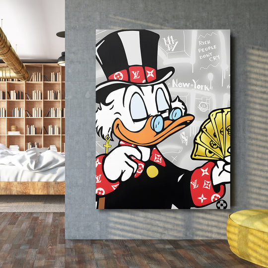 Motivační obraz Kačer Skrblík · New York LV – interiérový mockup v moderním prostoru.