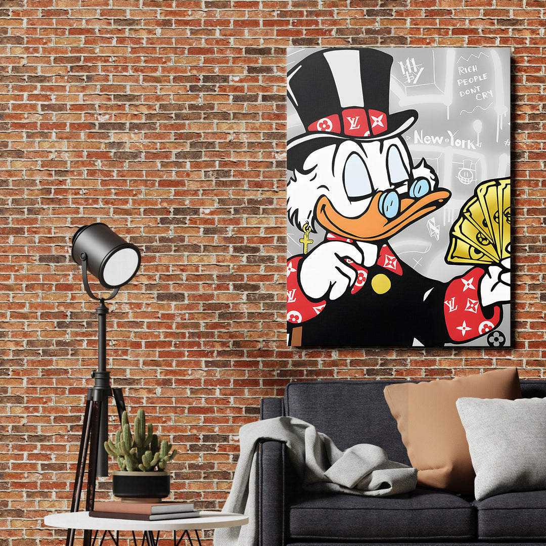 Motivační obraz Kačer Skrblík · New York LV – mockup na cihlové stěně.