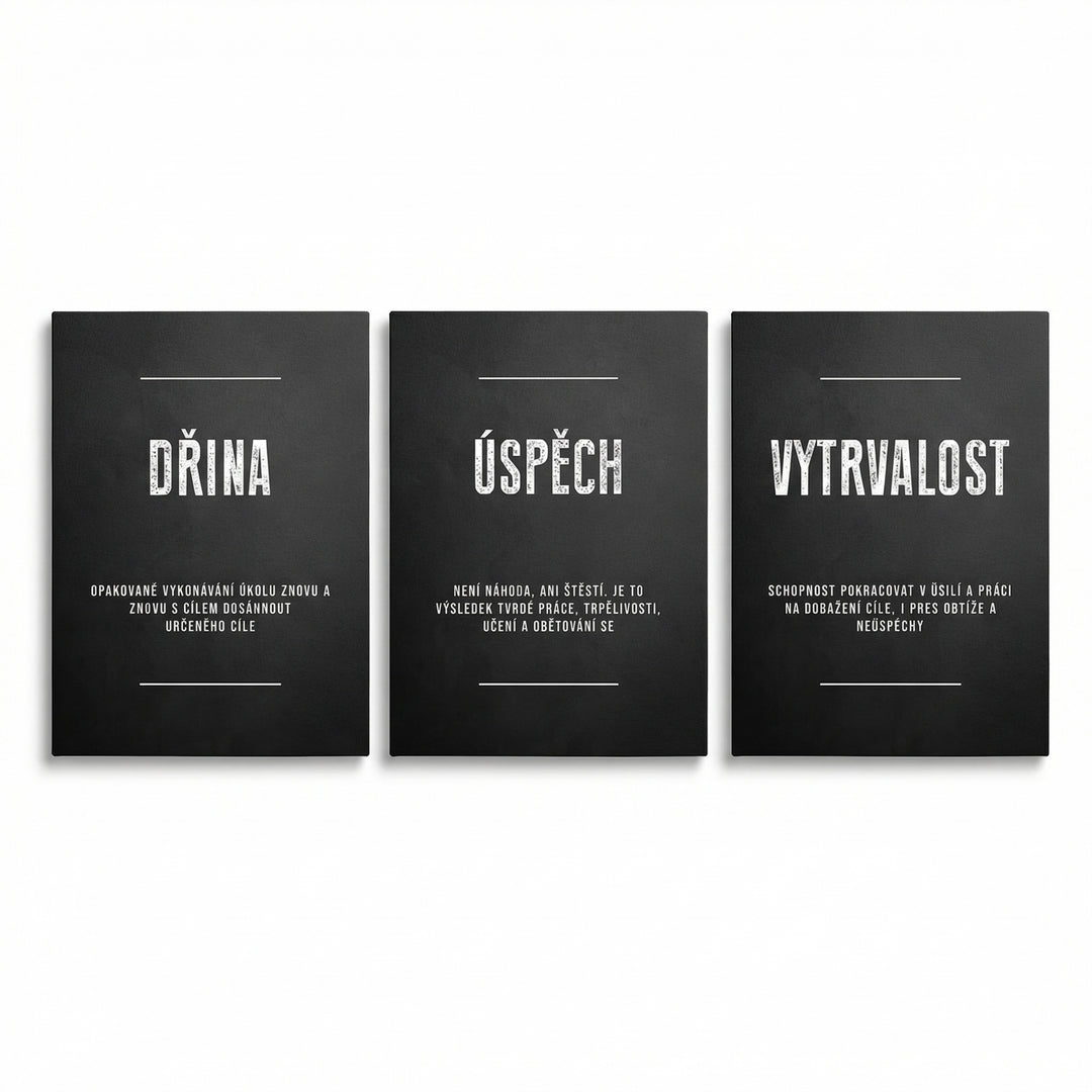 Motivační obraz na plátně, tři černé minimalistické panely s texty Dřina, Úspěch a Vytrvalost