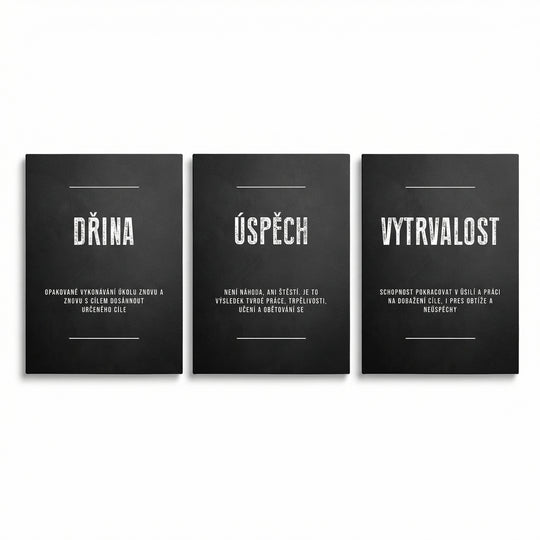 Motivační obraz na plátně, tři černé minimalistické panely s texty Dřina, Úspěch a Vytrvalost