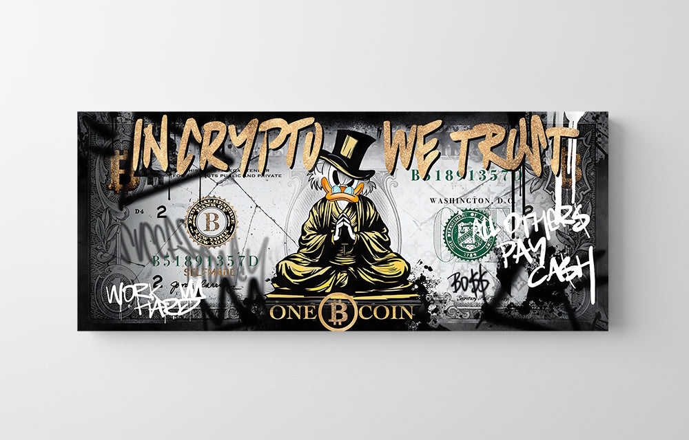 Motivační obraz na plátně Kačer Skrblík meditující na bitcoinové bankovce, pop art motiv bohatství