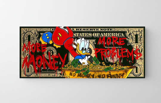 Pop art obraz na plátně s Mickey Mousem a šampaňským ve street art žluto‑černém stylu, obraz zepředu.