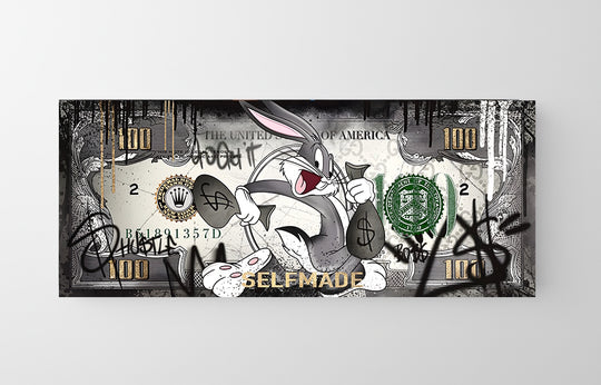 Pop art obraz Bugs Bunny s pytli peněz a nápisem SELFMADE, motivační obraz na plátně v graffiti street art stylu