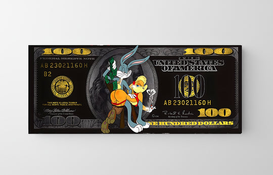 Motivační pop art obraz na plátně s Bugs Bunny a Lola Bunny na pozadí americké stodolarové bankovky