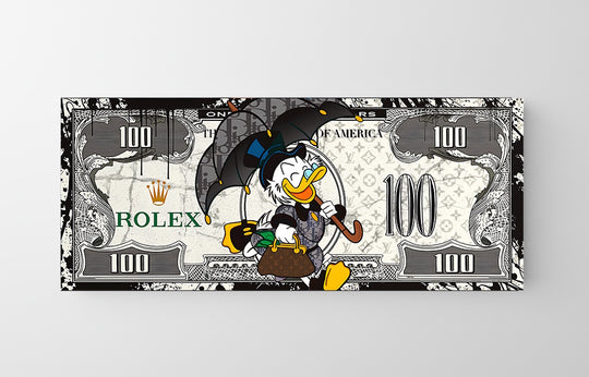 Pop art obraz na plátně s kačerem, deštníkem, bankovkou 100 dolarů a logem Rolex zepředu